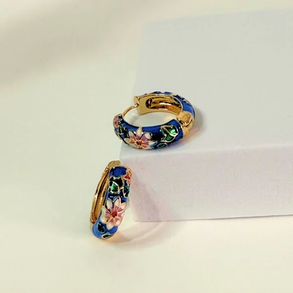 Floral Oil Painted Blue Hoop Earrings - Image 2