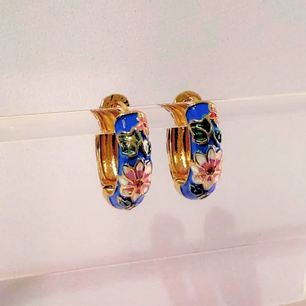 Floral Oil Painted Blue Hoop Earrings