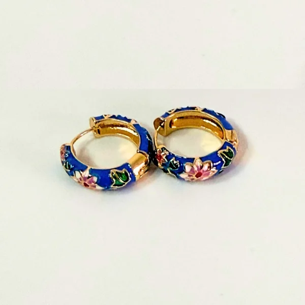 Floral Oil Painted Blue Hoop Earrings - Image 3