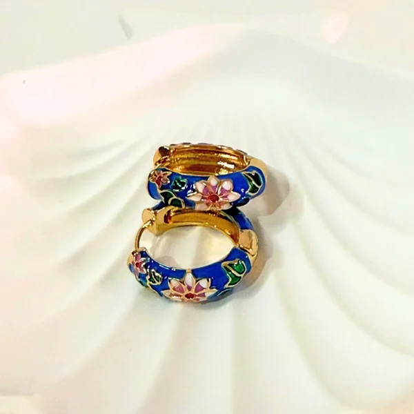 Floral Oil Painted Blue Hoop Earrings - Image 4