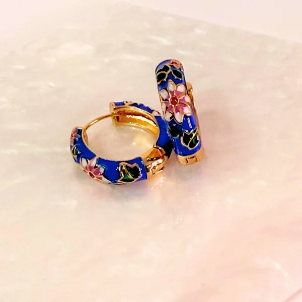 Floral Oil Painted Blue Hoop Earrings - Image 5